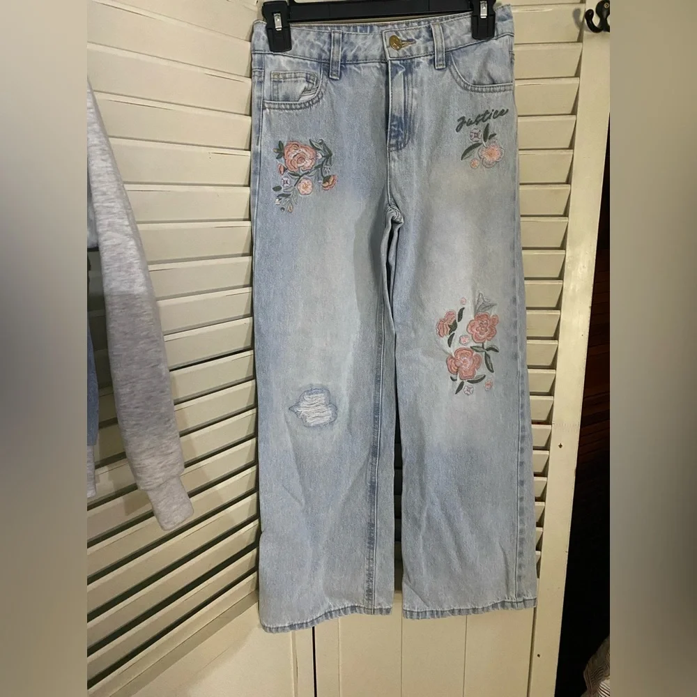 Girls Justice Embroidered Jean Jacket and Wide Leg Jeans Set